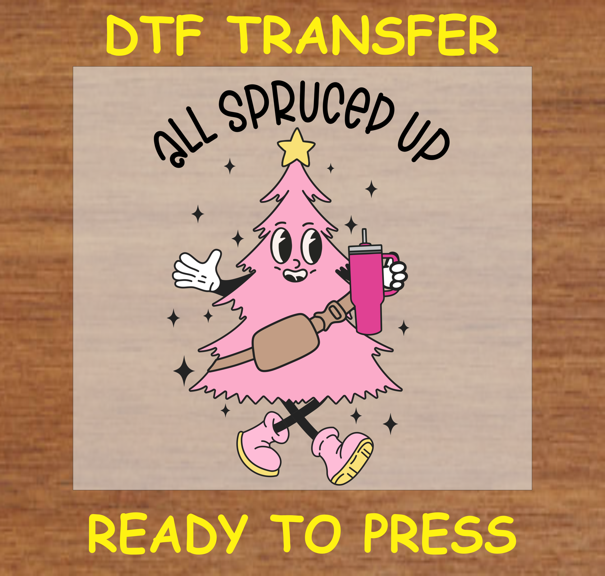 Cartoon-style Christmas tree with a pink body holding a drink and bag, text says 'All Spruced Up.'