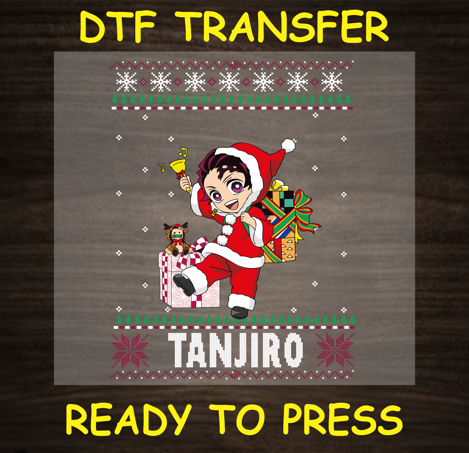 Festive DTF transfer featuring Anime Character in a Santa costume with Christmas gifts and a bell.