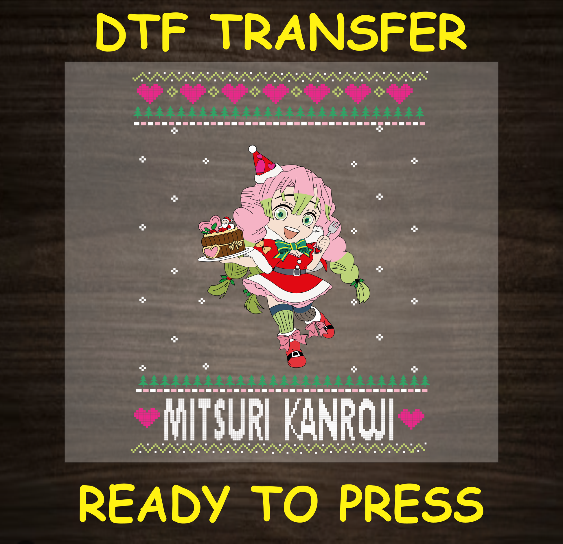 Festive DTF transfer featuring Female Anime Character in a Santa costume holding a Christmas cake.