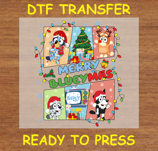 DTF Transfer Design featuring Blue dog and friends in a festive Christmas theme.