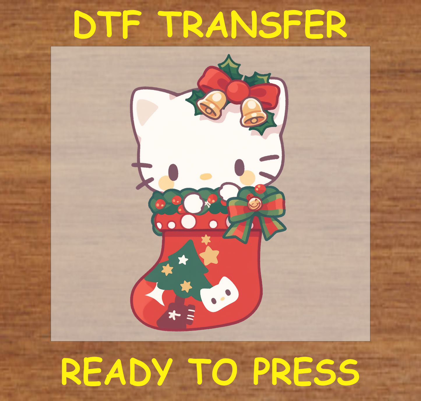 DTF Transfer Design featuring Kitty inside a festive Christmas stocking, ready to press.