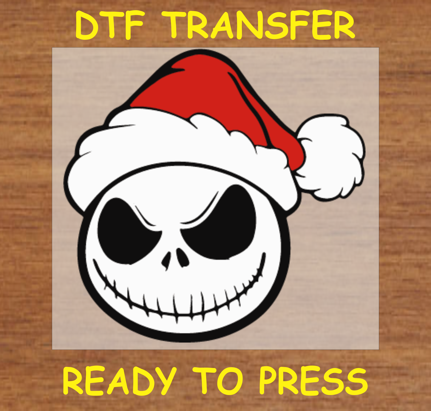 DTF Transfer featuring Skellington wearing a Santa hat, ready to press.