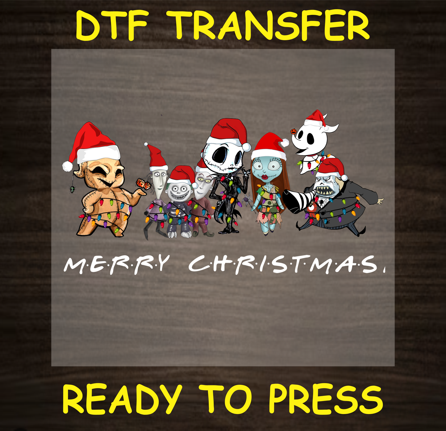 DTF Transfer featuring Christmas characters in Santa hats with Christmas lights, ready to press.