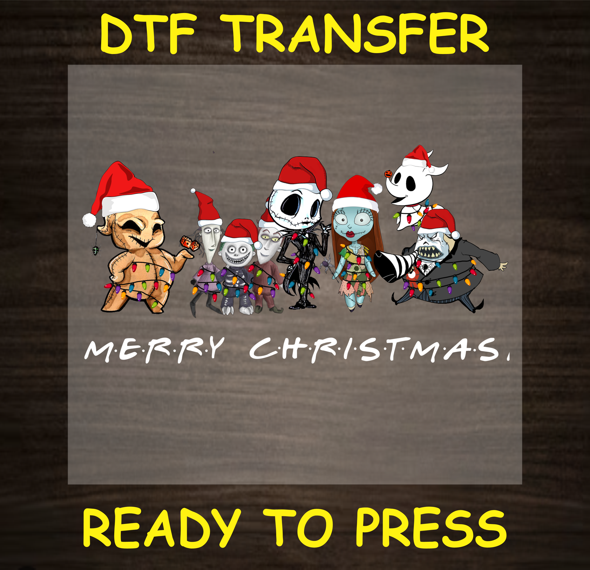 DTF Transfer featuring Christmas characters in Santa hats with Christmas lights, ready to press.