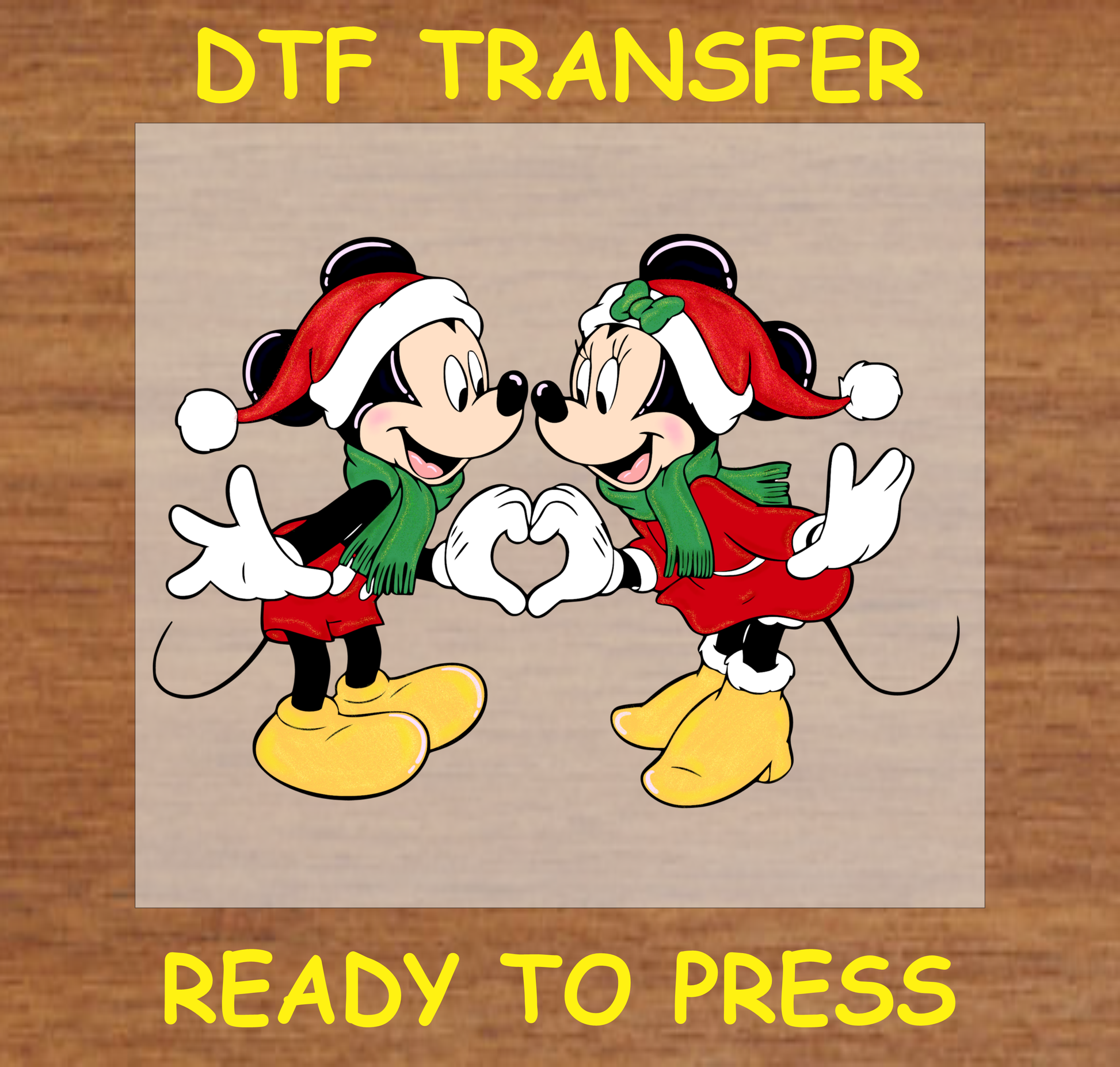 DTF Transfer Design featuring two iconic characters in Christmas outfits, sharing a heart gesture.