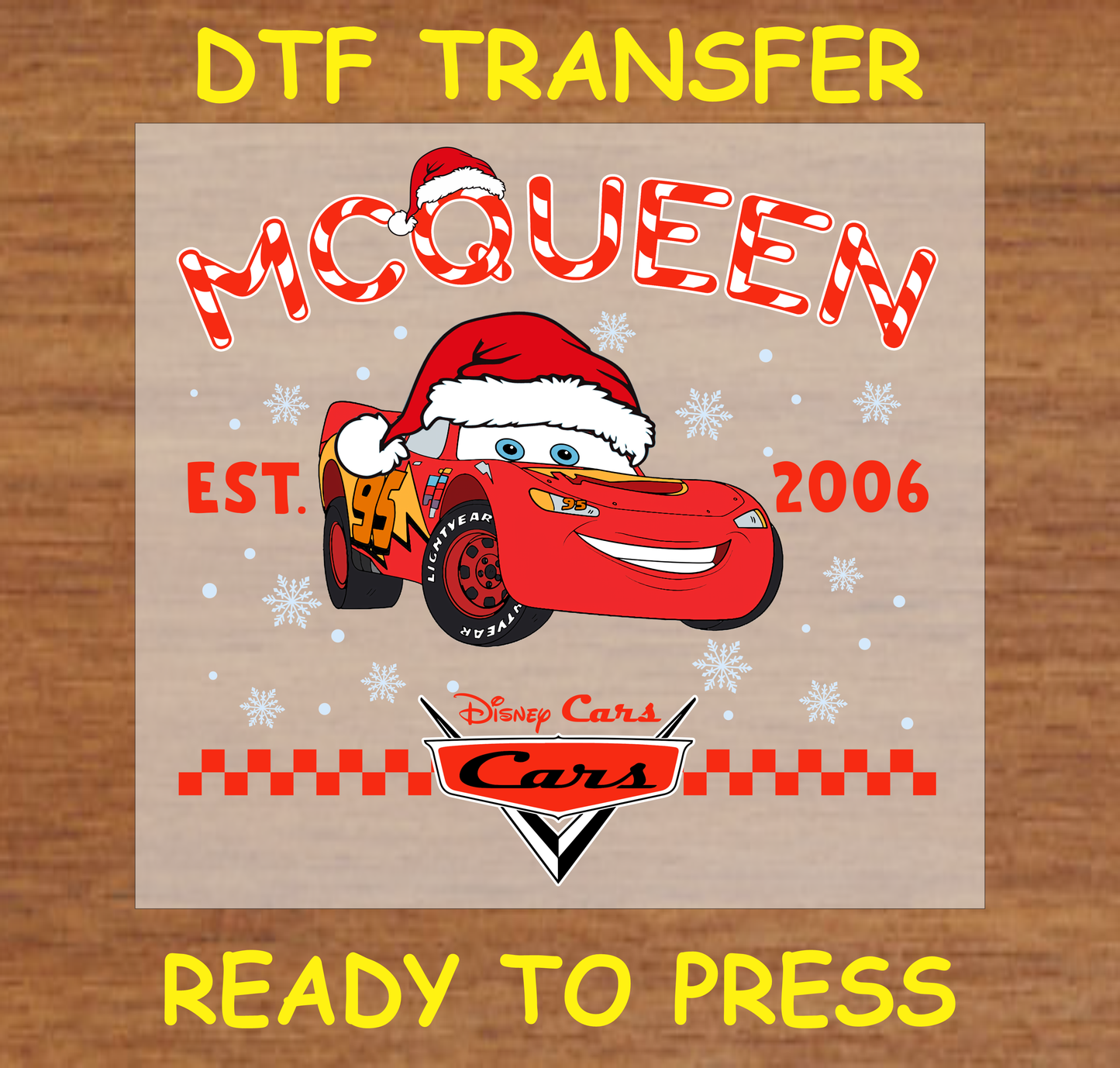 DTF Transfer featuring Red Car with a Christmas hat theme, ready to press.