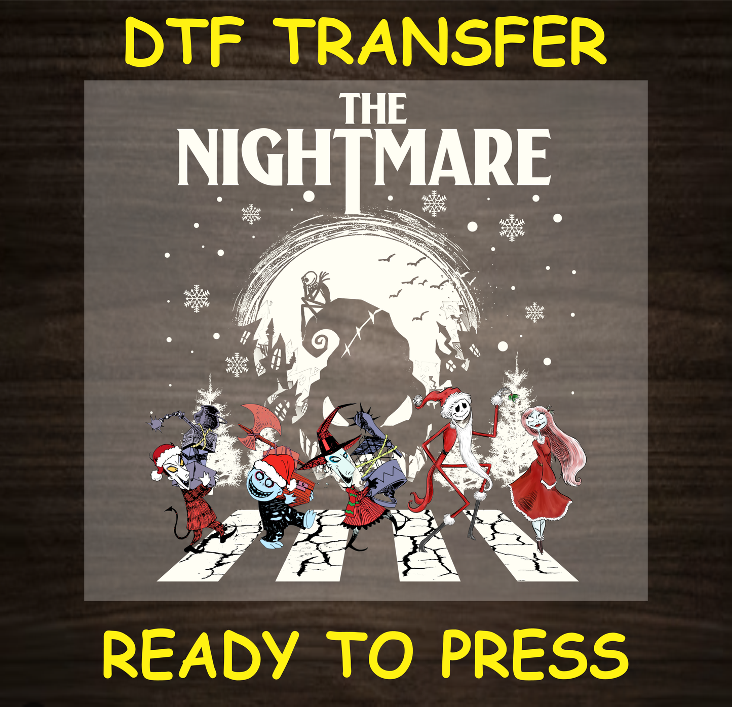 DTF transfer featuring characters from "The Nightmare" with a holiday twist, snowflakes, and festive details.