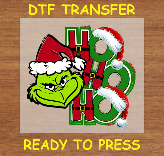 DTF transfer featuring a Iconic character in a Santa hat with bold "Ho Ho Ho" text in Christmas colors.