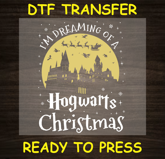 "Wizard Christmas DTF Transfer Design Ready to Press with Castle and Santa Sleigh Silhouette"