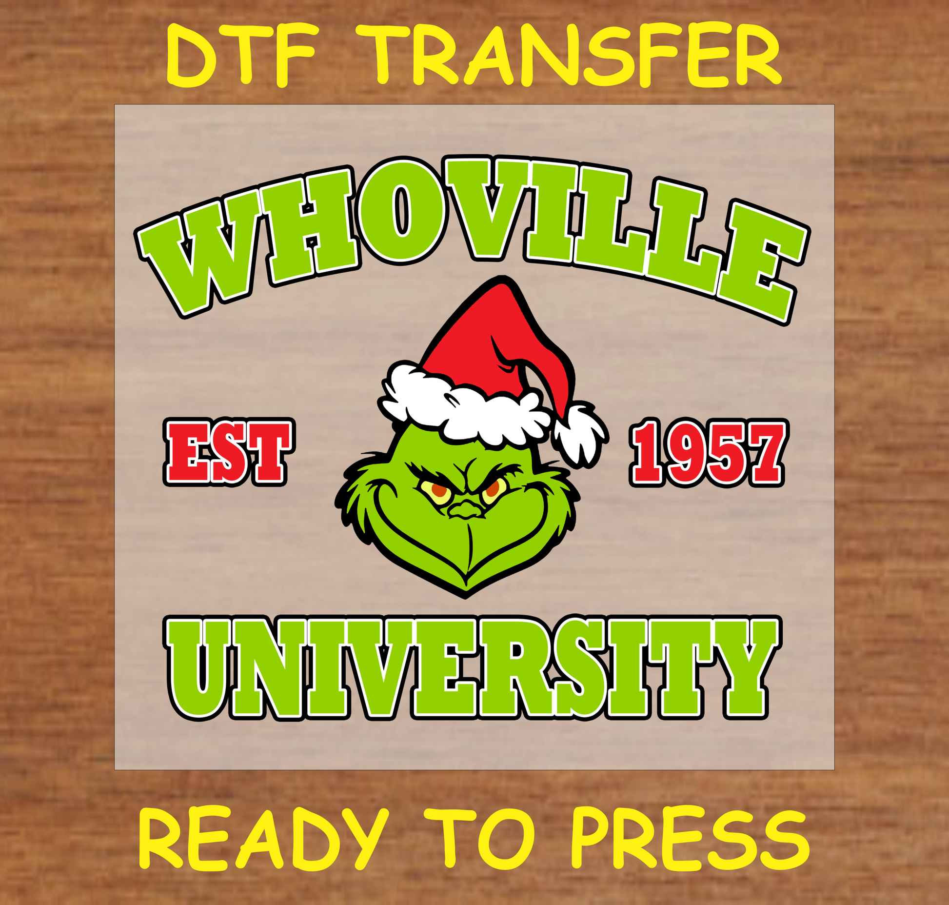 DTF transfer featuring a Grumpy Green inspired character in a Santa hat. 