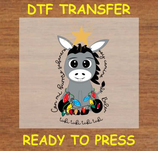 "Mi Burrito Sabanero DTF Transfer Design Ready to Press with Christmas Donkey and Lights"