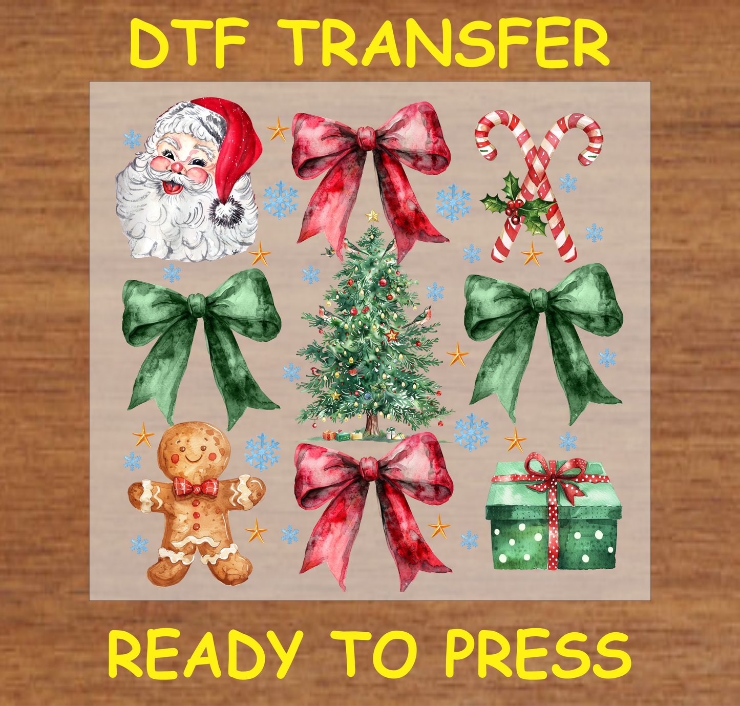 "Christmas Icons DTF Transfer Design Ready to Press with Santa, Christmas Tree, Bows, and Holiday Items"