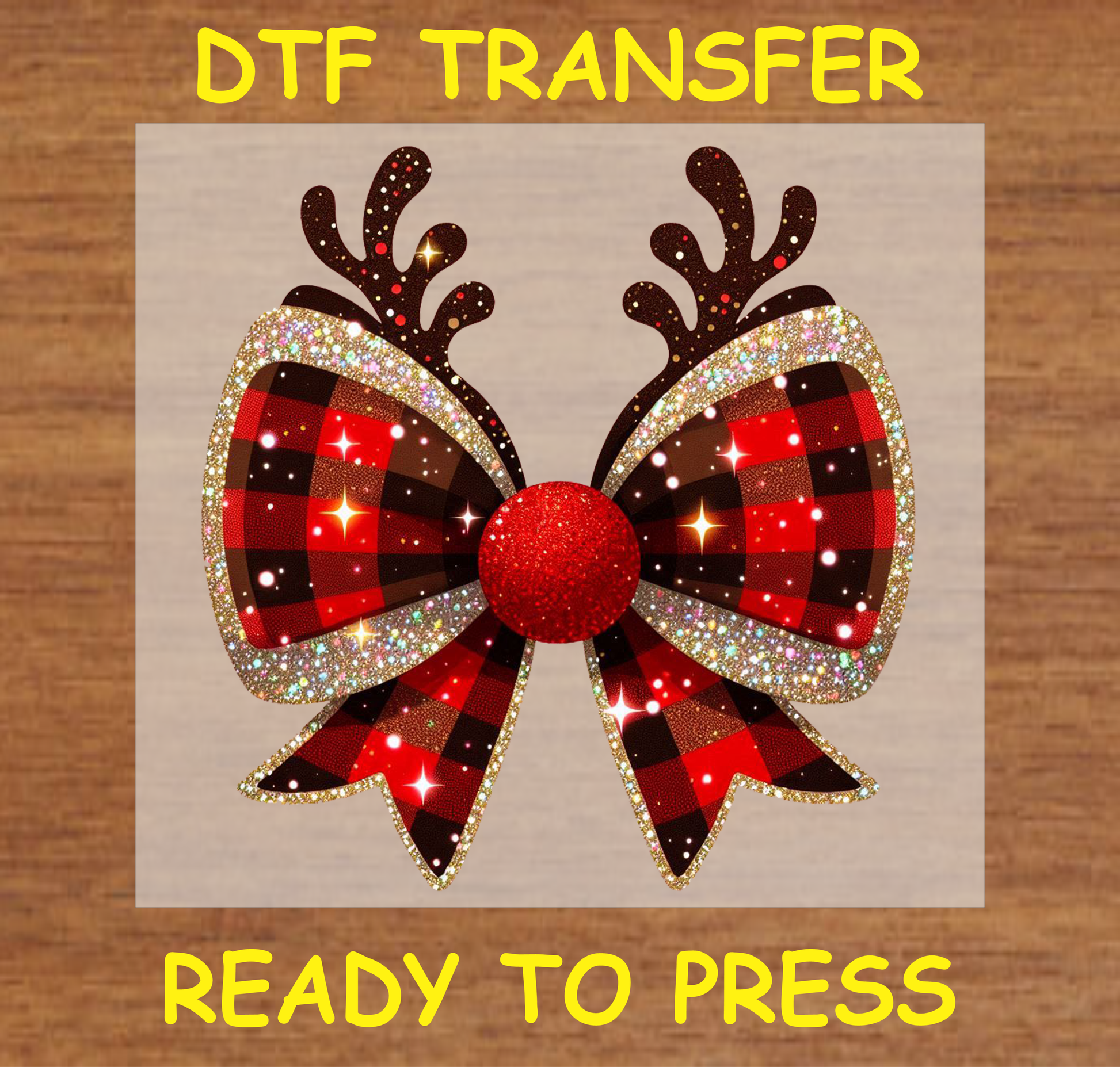 "Glitter Reindeer Bow DTF Transfer Design Ready to Press with Buffalo Plaid and Sparkles"