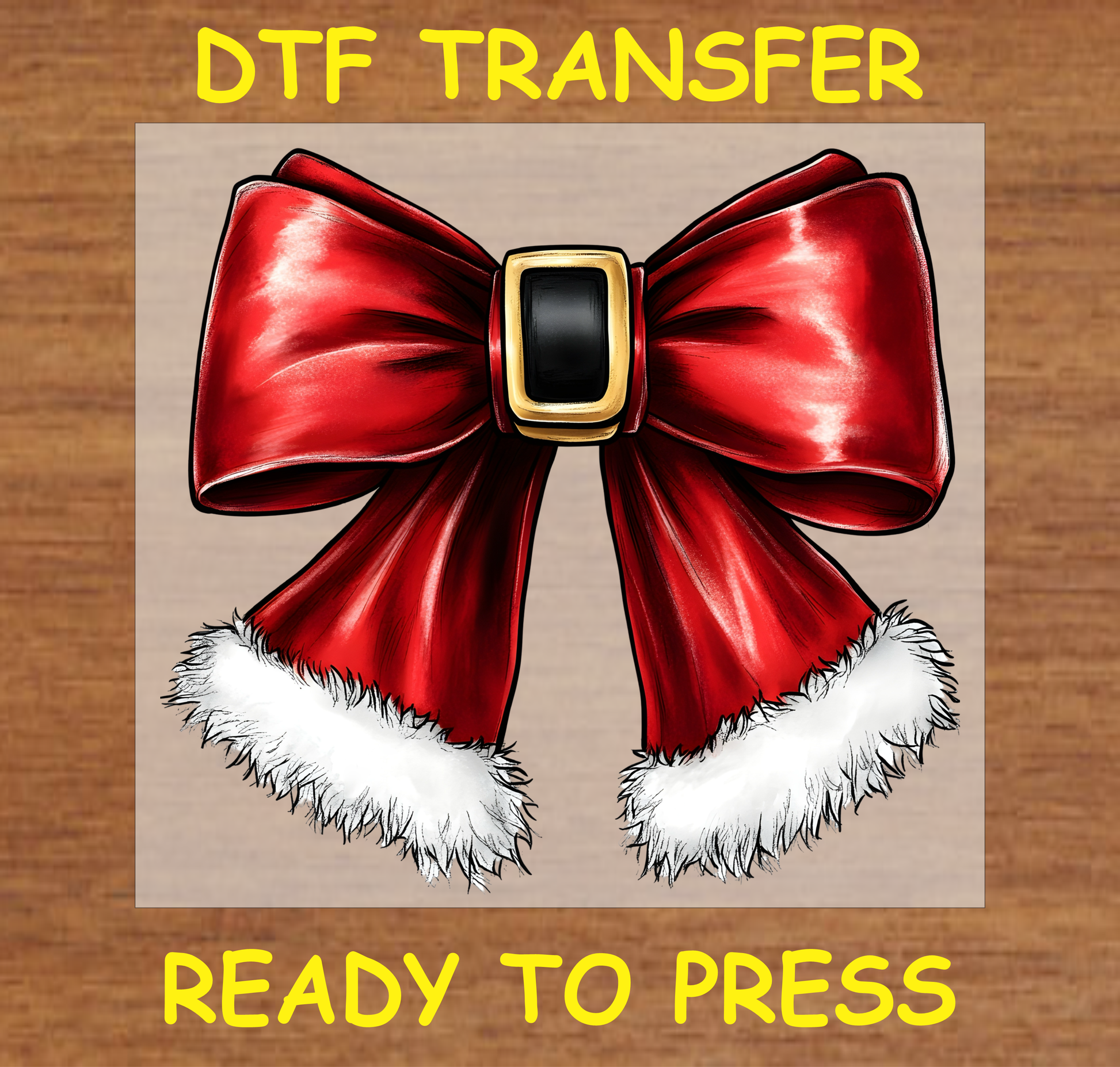 "Santa Belt Bow DTF Transfer Design Ready to Press with Red Satin Bow and Fur Trim"