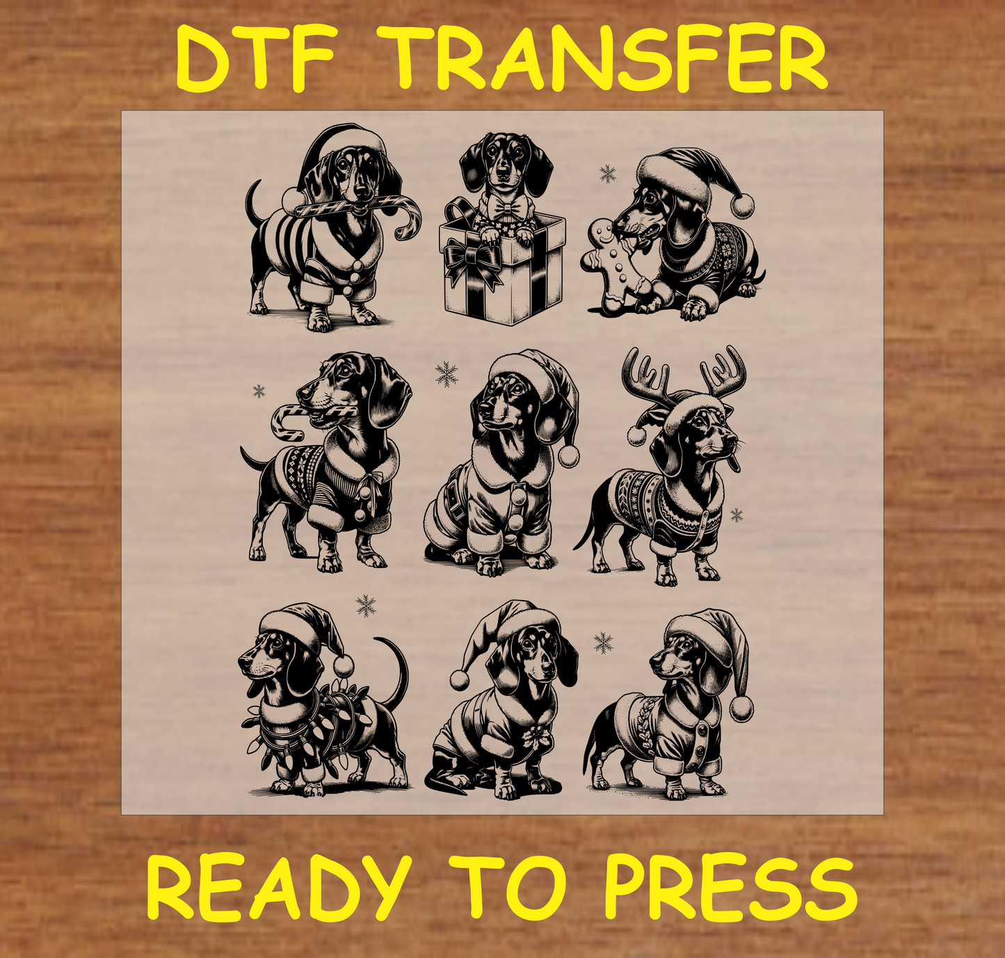 "Christmas Dachshunds DTF Transfer Design Ready to Press with Festive Dachshund Illustrations"