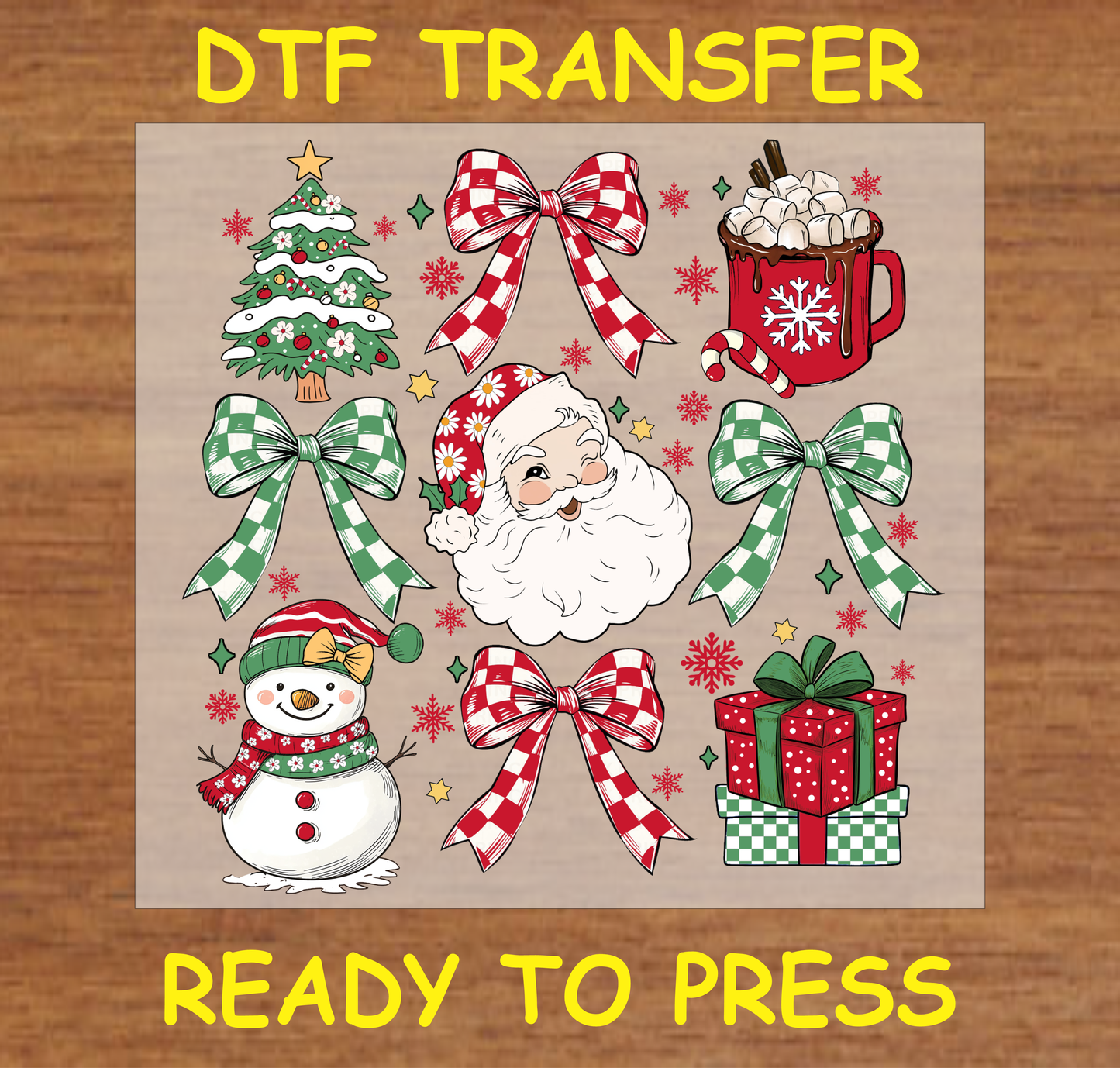 "Christmas Cheer Icons DTF Transfer Design Ready to Press with Santa, Bows, Snowman, and Holiday Items"