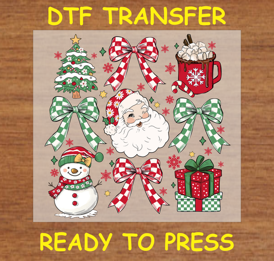 "Christmas Cheer Icons DTF Transfer Design Ready to Press with Santa, Bows, Snowman, and Holiday Items"