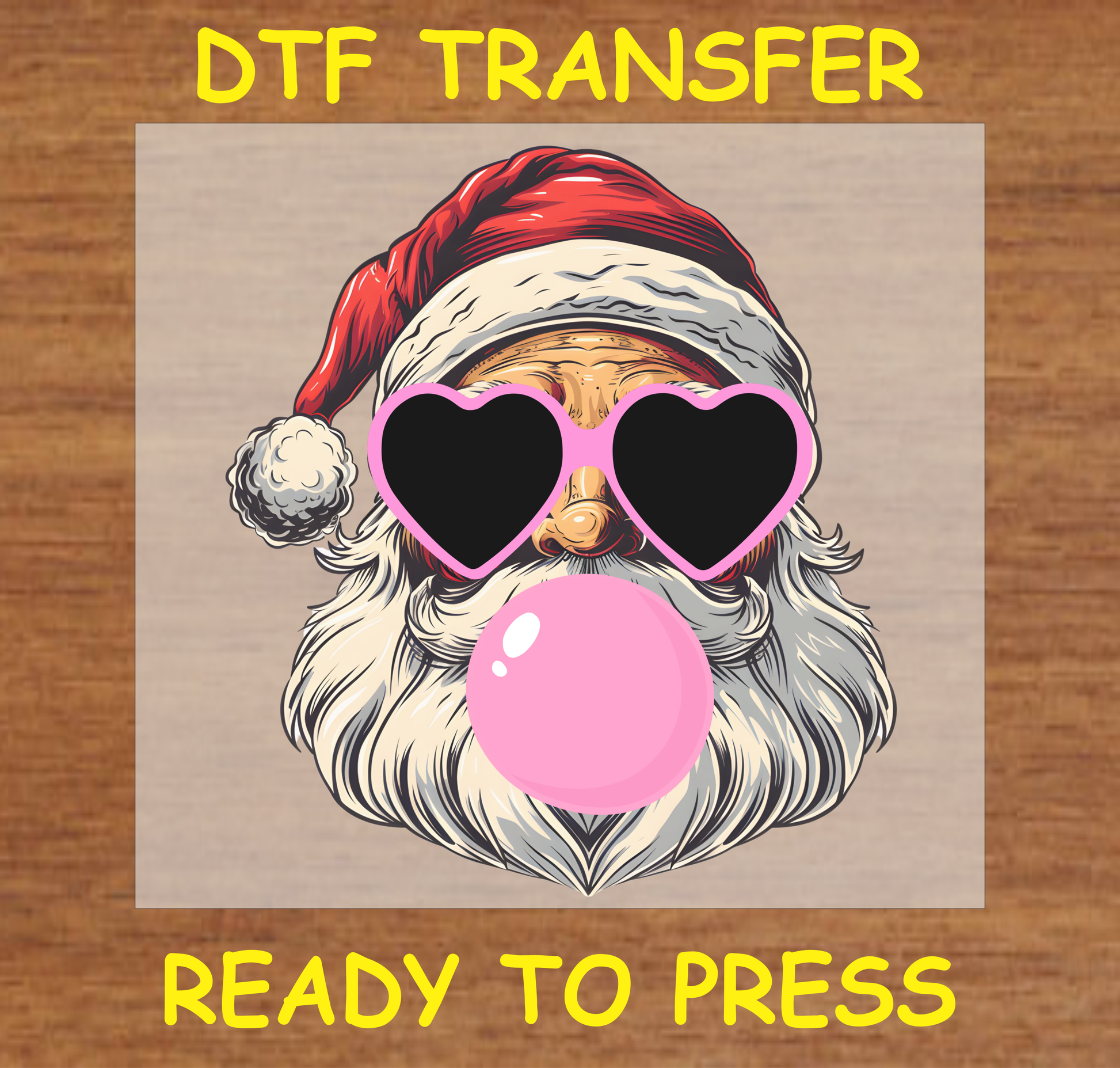 "Cool Santa with Bubble Gum DTF Transfer Design Ready to Press with Heart Sunglasses"