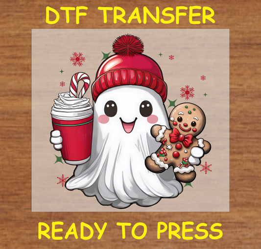 "Christmas Ghost with Hot Cocoa and Gingerbread DTF Transfer Design Ready to Press"