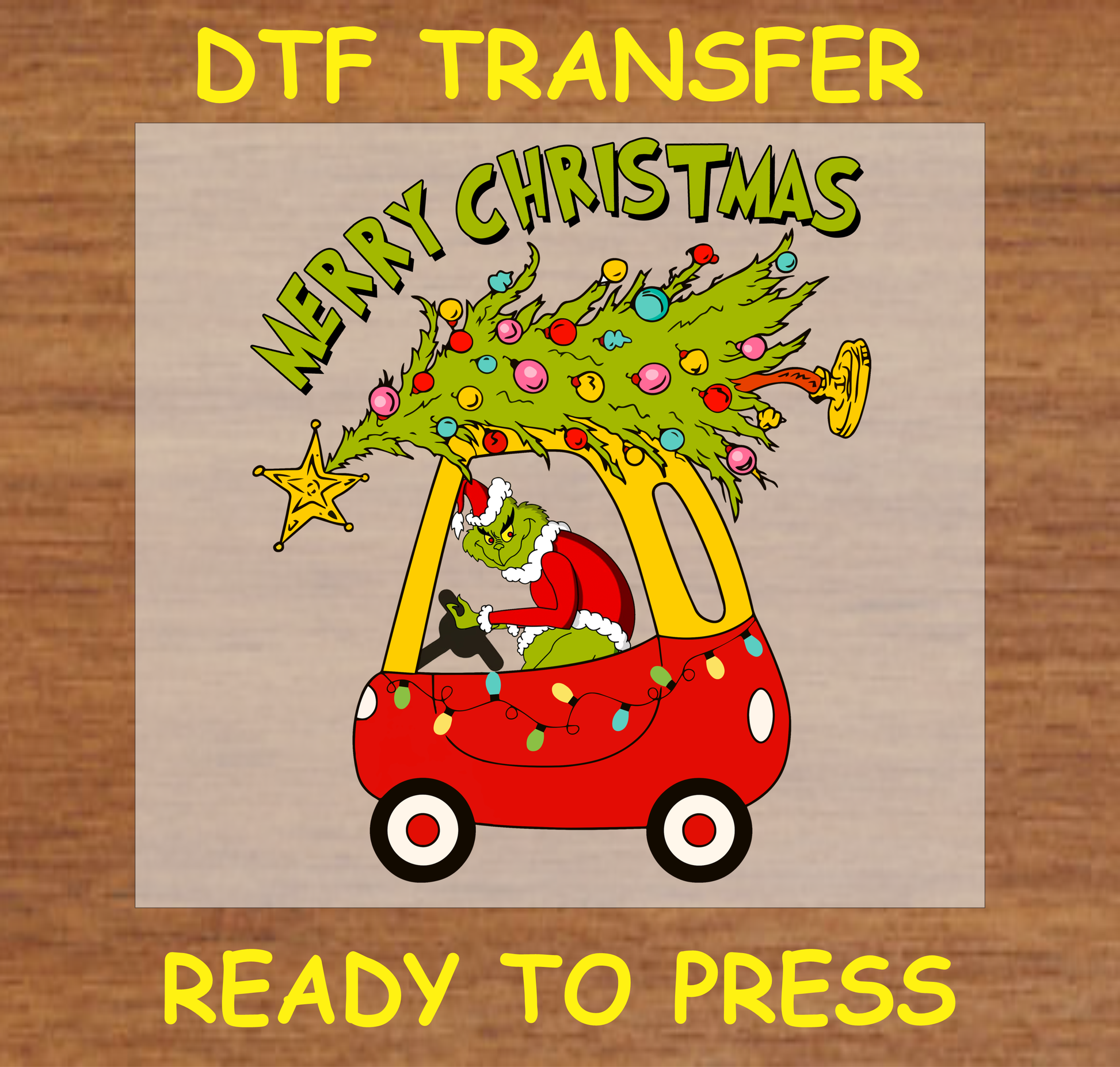 "Grumpy Green Monster Driving with Christmas Tree DTF Transfer Design Ready to Press in a Toy Car"