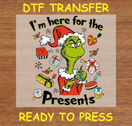 "I'm Here for the Presents DTF Transfer Design Ready to Press with Holiday Gifts"