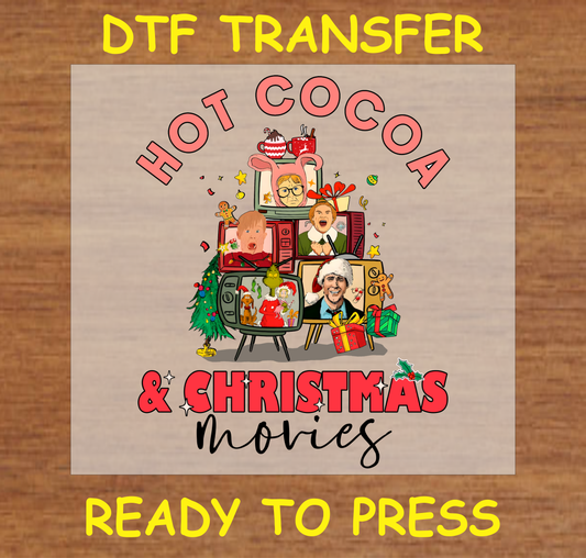 "Hot Cocoa & Christmas Movies DTF Transfer Design Ready to Press with Iconic Movie Characters and Holiday Elements"