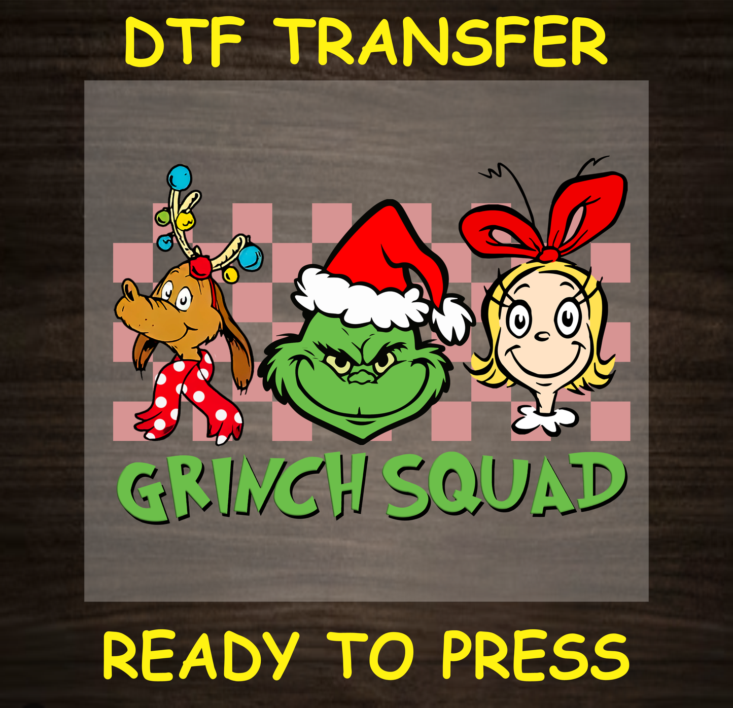 DTF transfer featuring the Cynical Grump, his dog, and a character in festive colors.