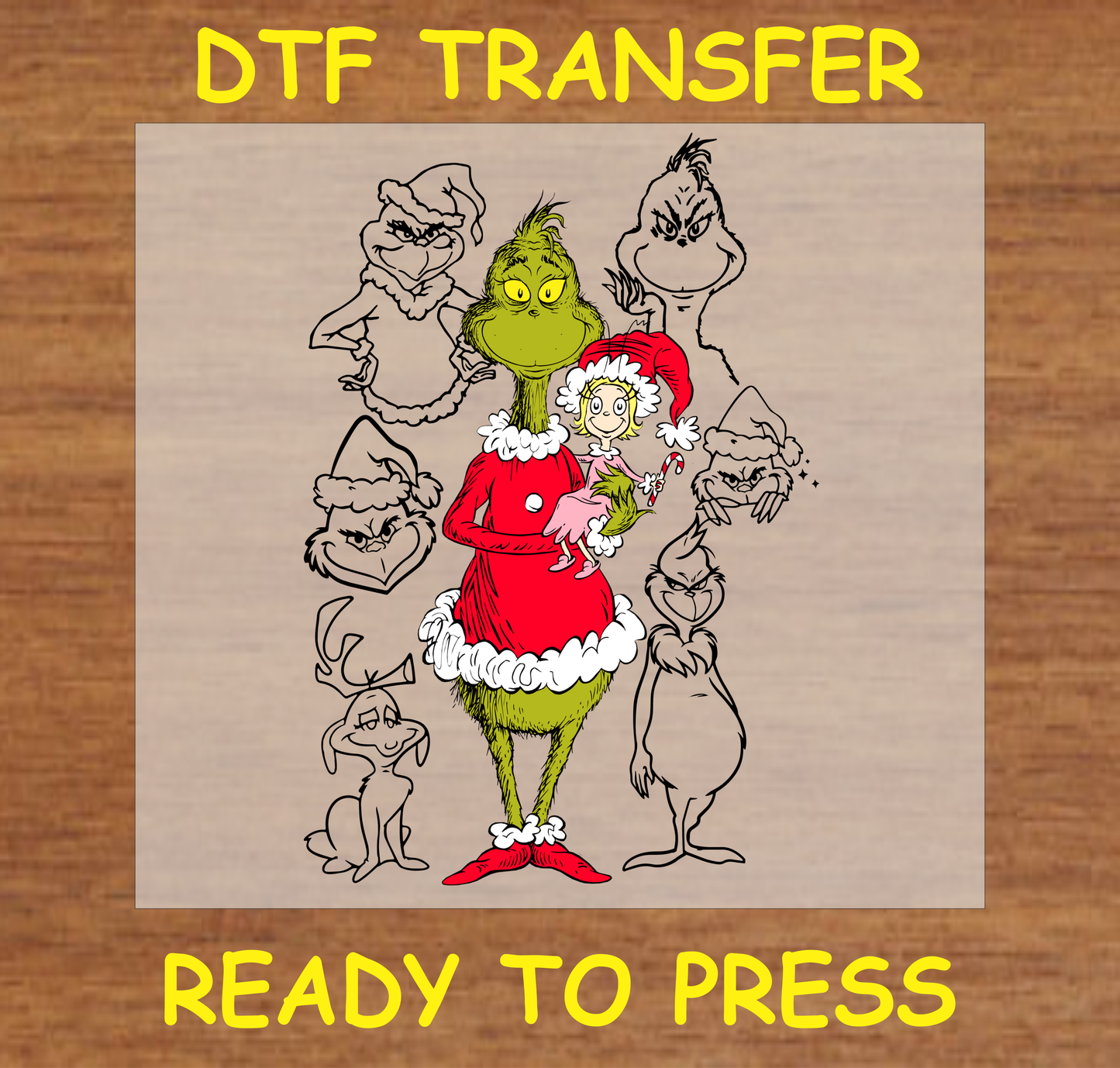 DTF transfer featuring the Iconic Christmas character in a Santa suit holding a character, surrounded by other Grumpy green character expressions.