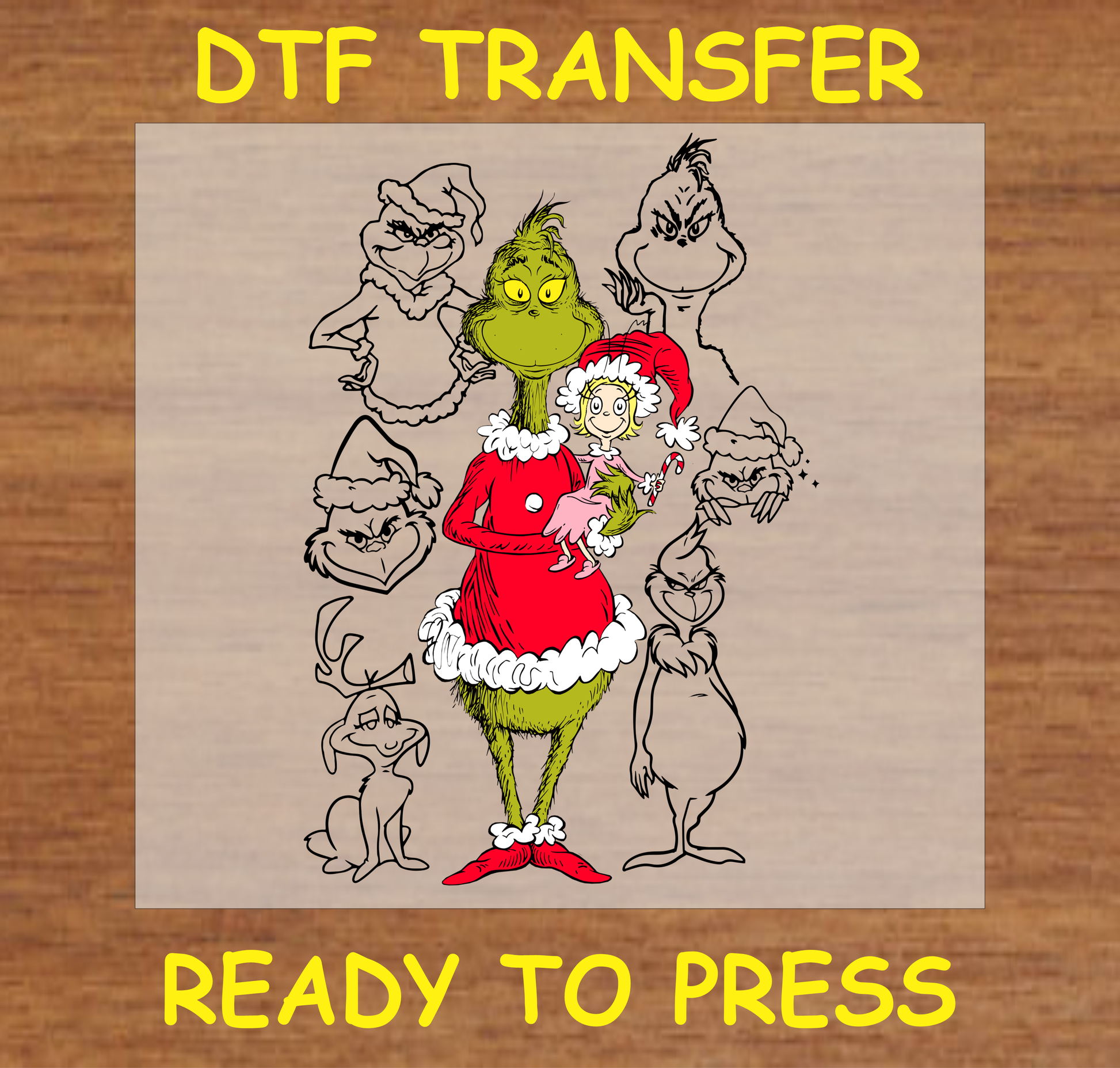 DTF transfer featuring the Iconic Christmas character in a Santa suit holding a character, surrounded by other Grumpy green character expressions.