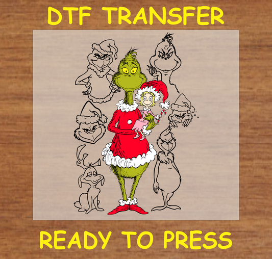 DTF transfer featuring the Iconic Christmas character in a Santa suit holding a character, surrounded by other Grumpy green character expressions.