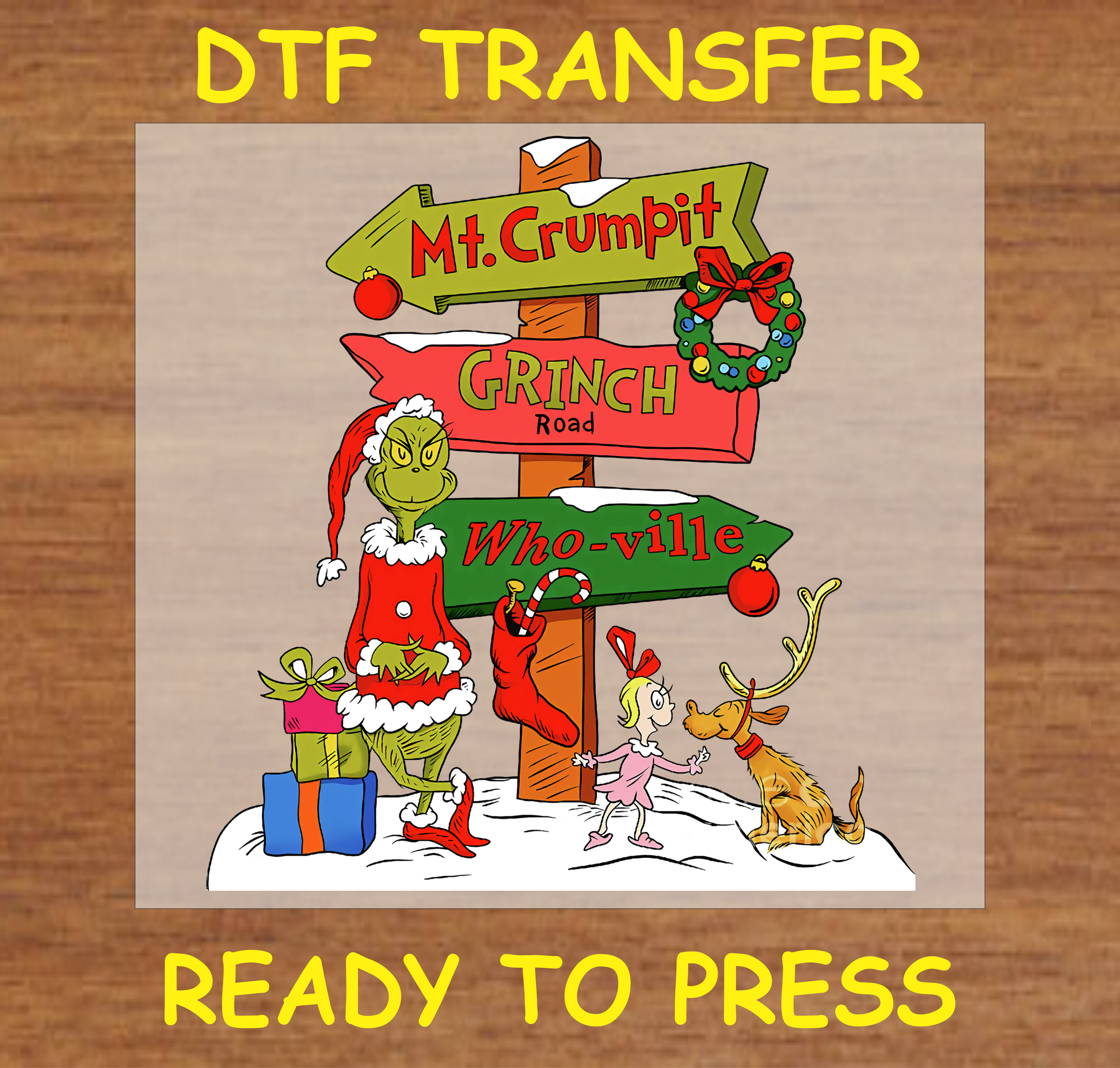 DTF transfer featuring the Iconic Grumpy Green Character, a dog, and a festive signpost. 