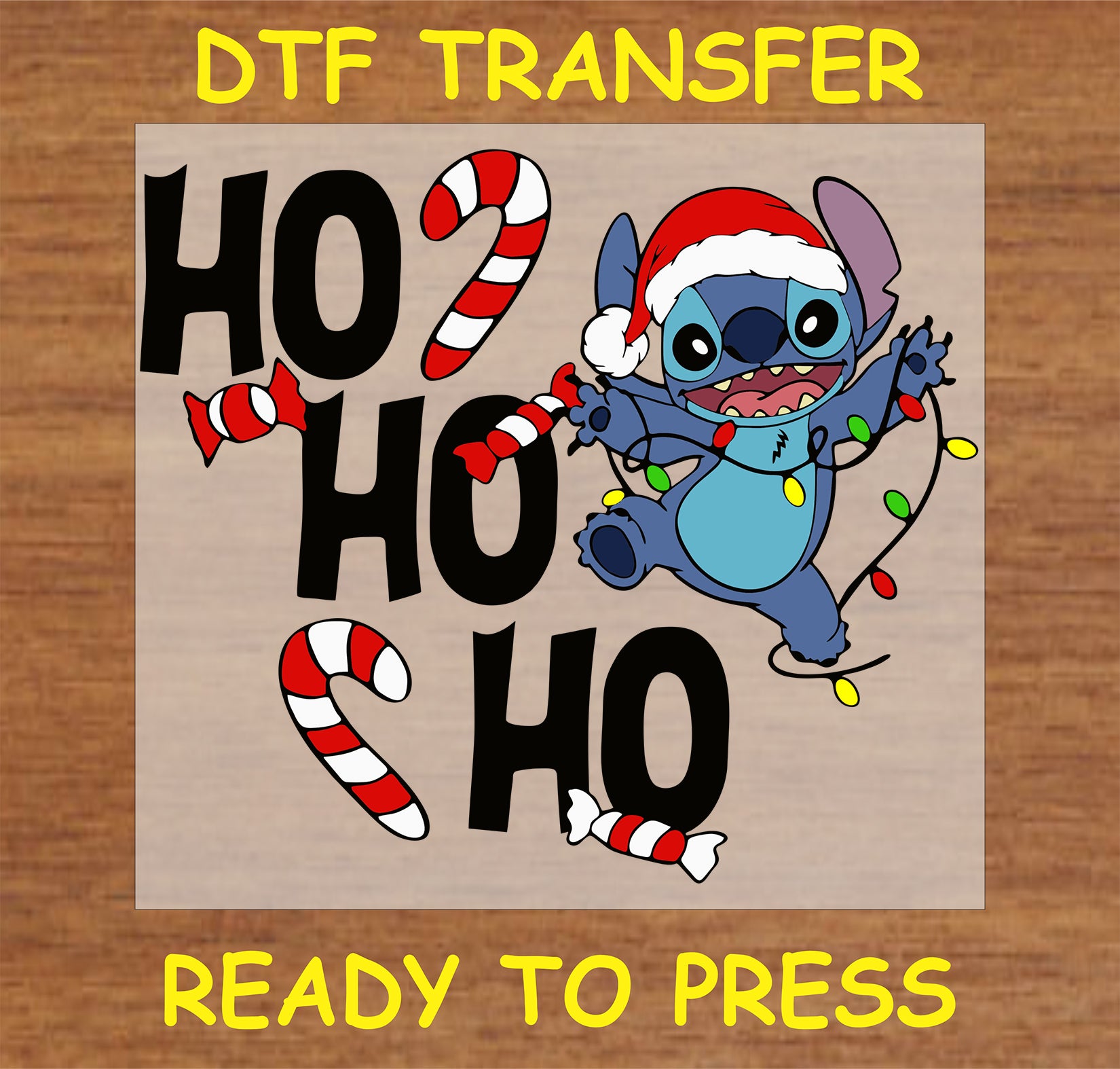 "Ho Ho Ho DTF Transfer featuring a festive character with lights and candy canes"