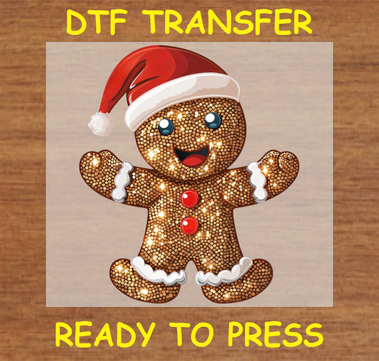 "Gingerbread character DTF transfer with Santa hat, festive colors, and sparkles for holiday apparel"