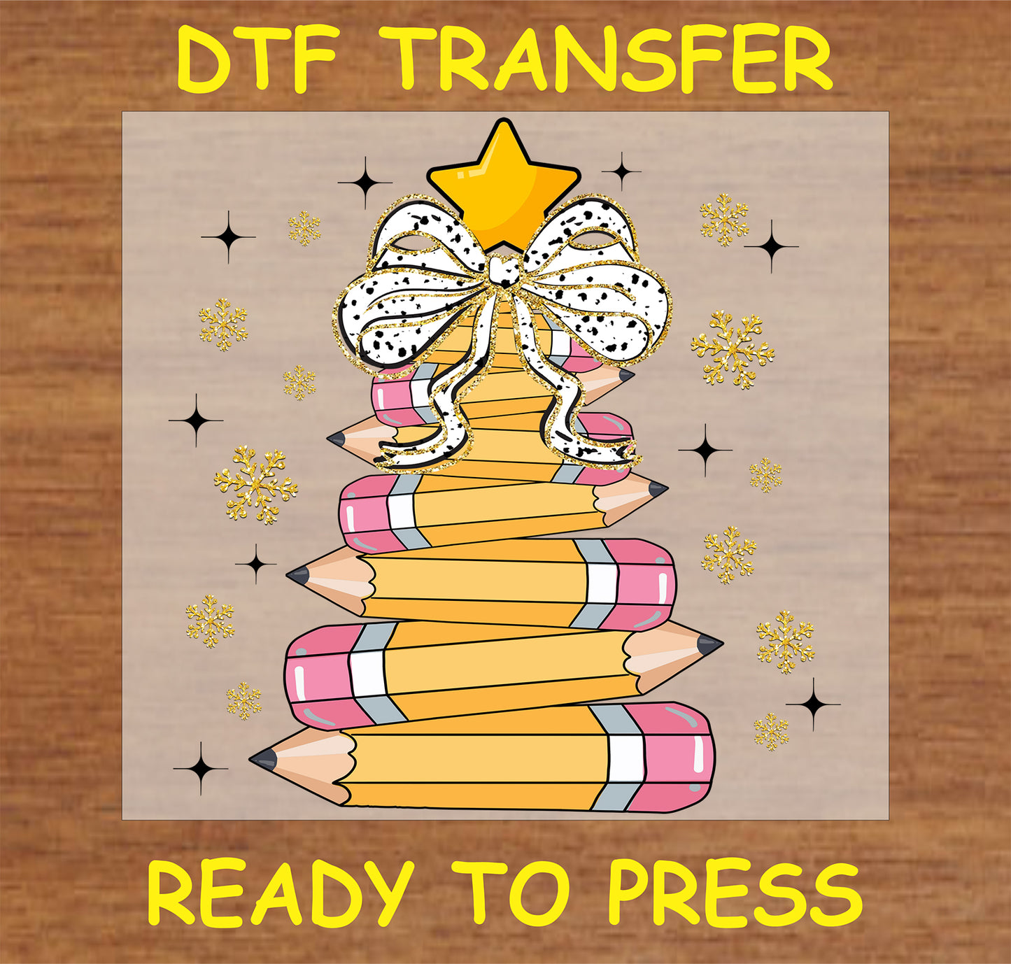 "Pencil tree DTF transfer design with colorful pencils, a star, and a festive bow"