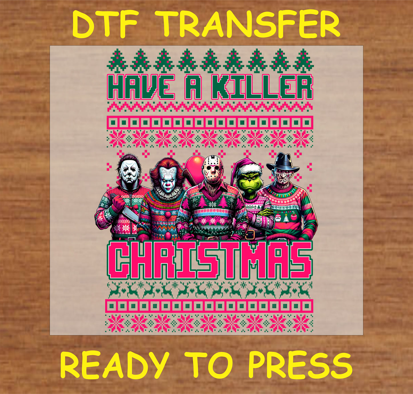 "Killer Christmas DTF transfer with horror characters"