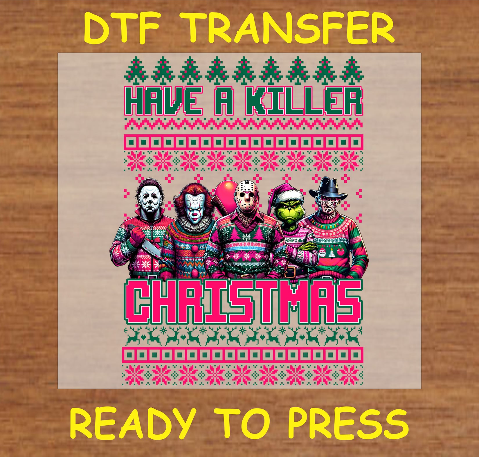 "Killer Christmas DTF transfer with horror characters"