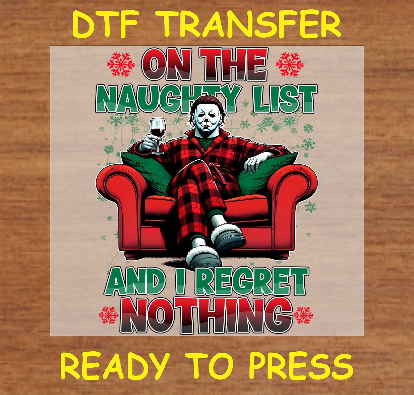 "Humorous Santa's Naughty List DTF transfer for holiday apparel"