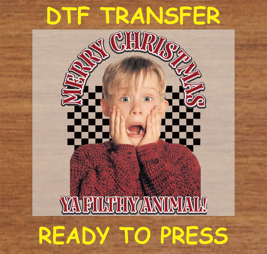 "Merry Christmas Ya Filthy Animal DTF Transfer with nostalgic holiday design"