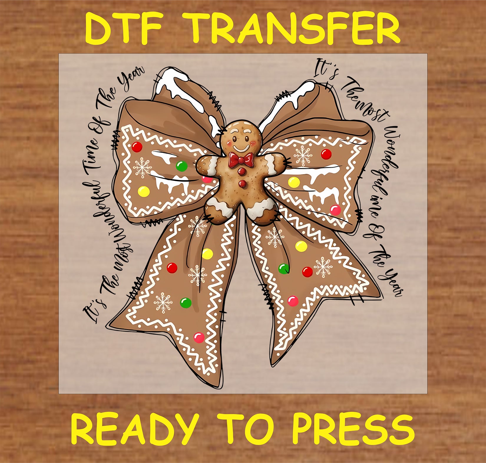 "Gingerbread bow DTF transfer with gingerbread man and Christmas candy decorations"