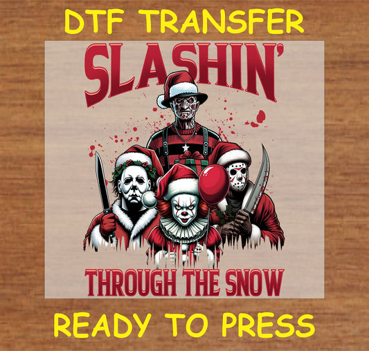 "Slashin' Through the Snow DTF Transfer with horror characters in Christmas attire"