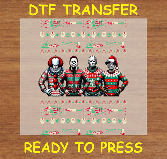 "Horror Characters Christmas Sweater DTF Transfer featuring horror icons in festive ugly sweaters"