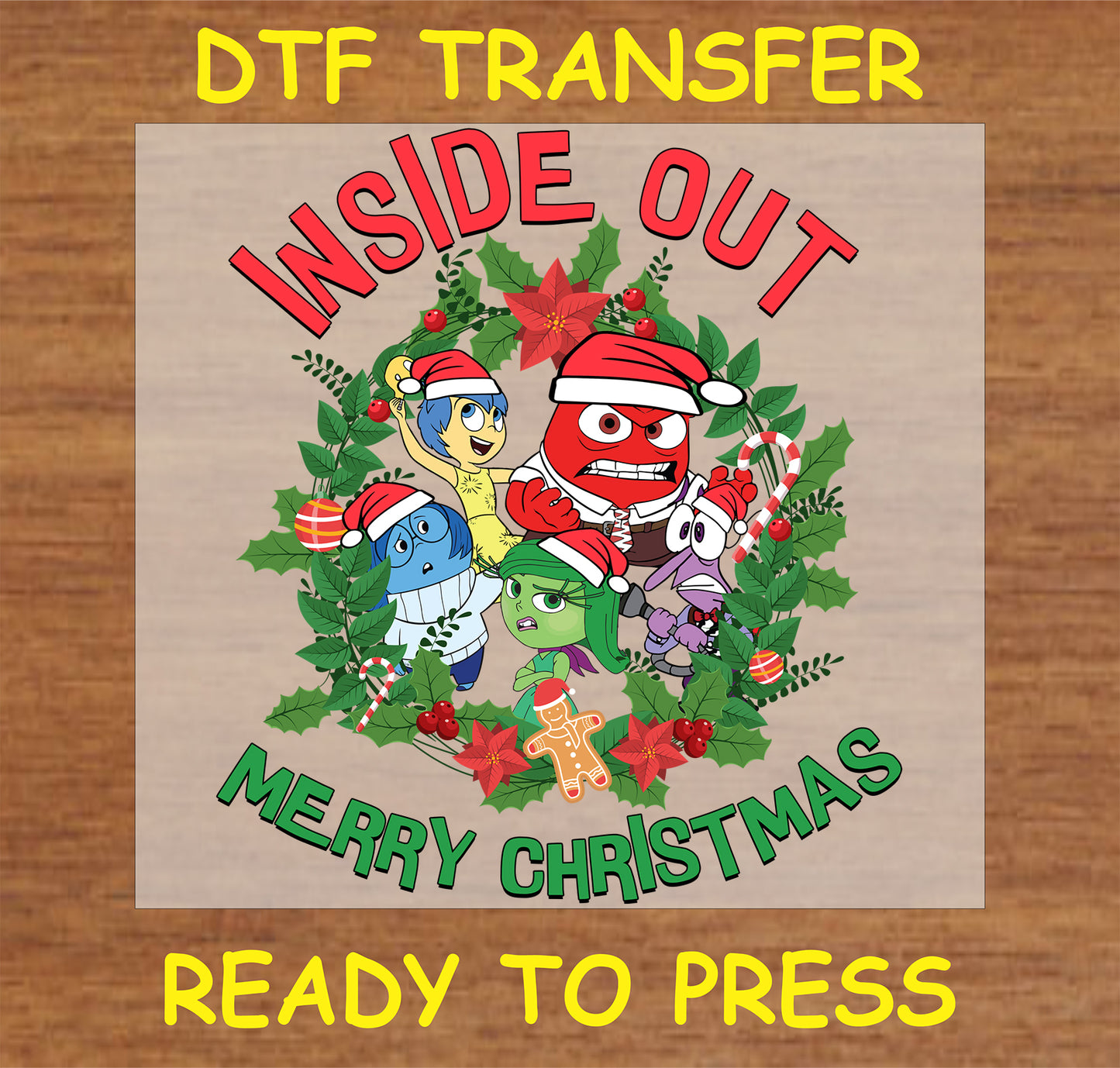 Merry Christmas DTF Transfer featuring characters in a holiday wreath"