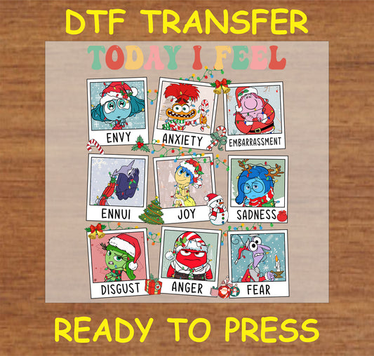 "Today I Feel Christmas Emotions DTF Transfer with festive characters showing holiday emotions"
