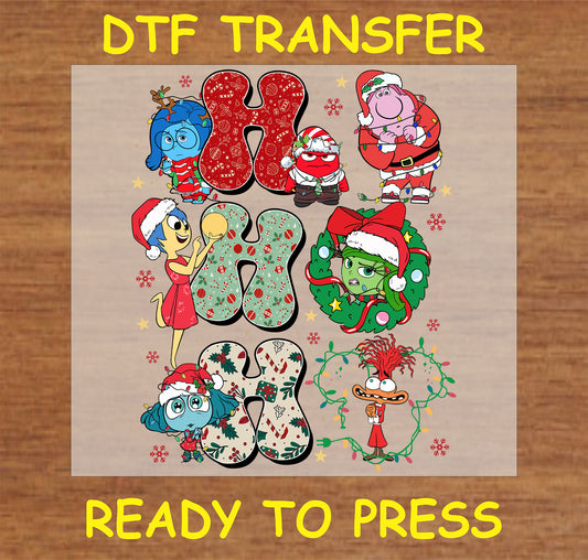 "Festive Holiday Characters DTF Transfer with colorful letters and Christmas designs"