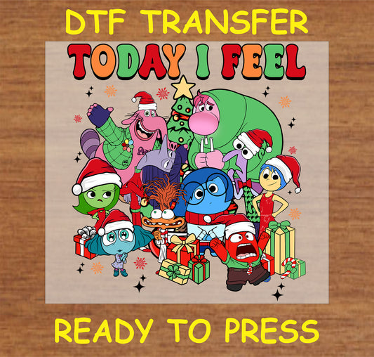 "Today I Feel Holiday Character DTF Transfer with colorful festive characters and mood expressions"