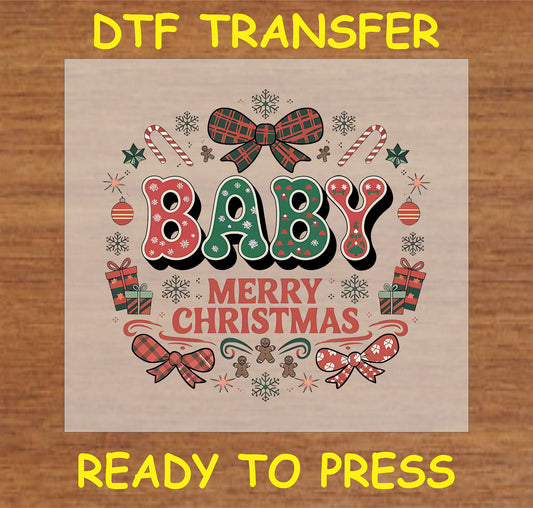 "BABY MERRY CHRISTMAS DTF Transfer featuring a festive holiday design with playful elements for baby clothing"