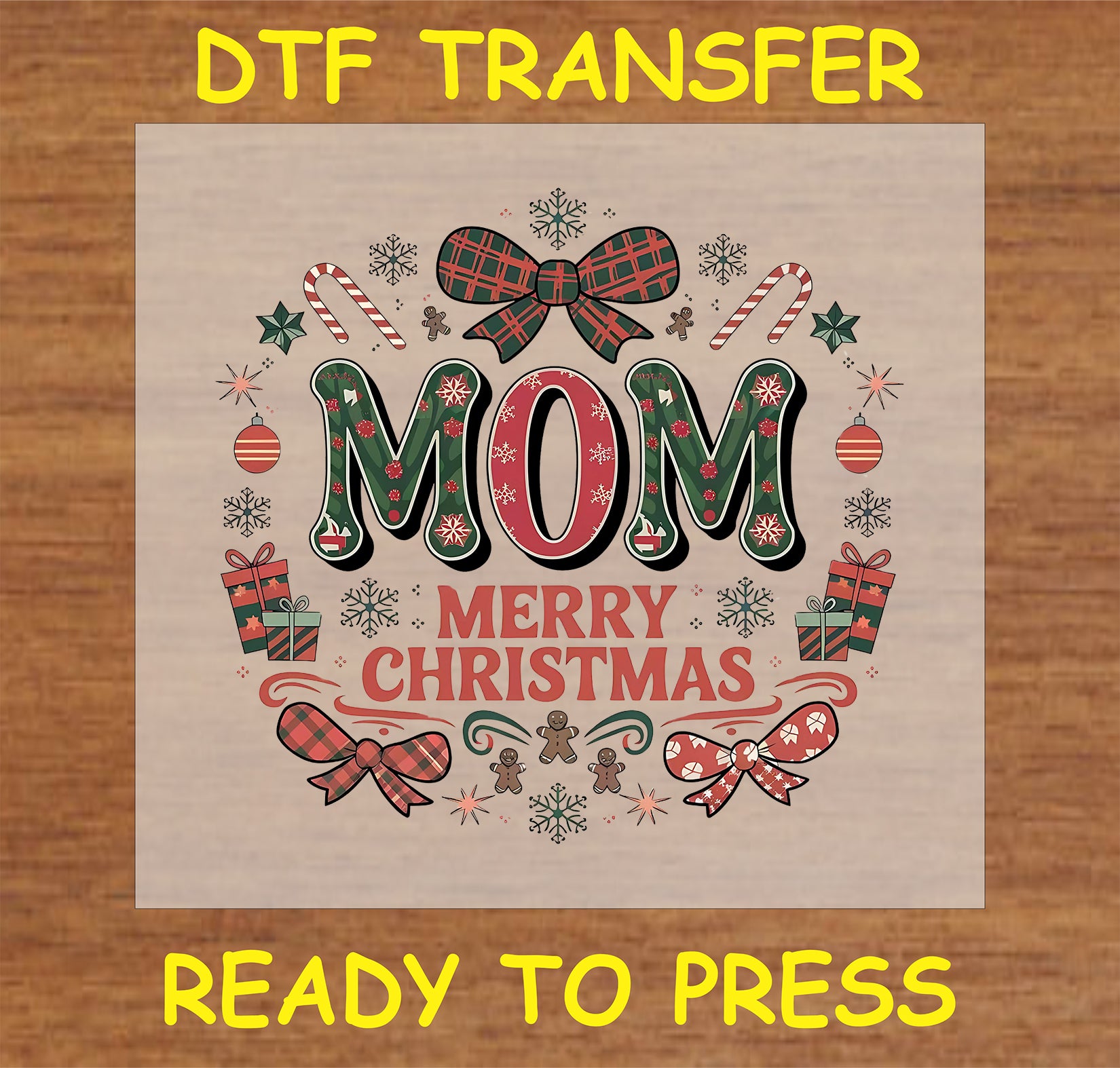 "MOM MERRY CHRISTMAS DTF Transfer featuring a festive holiday design for mothers"