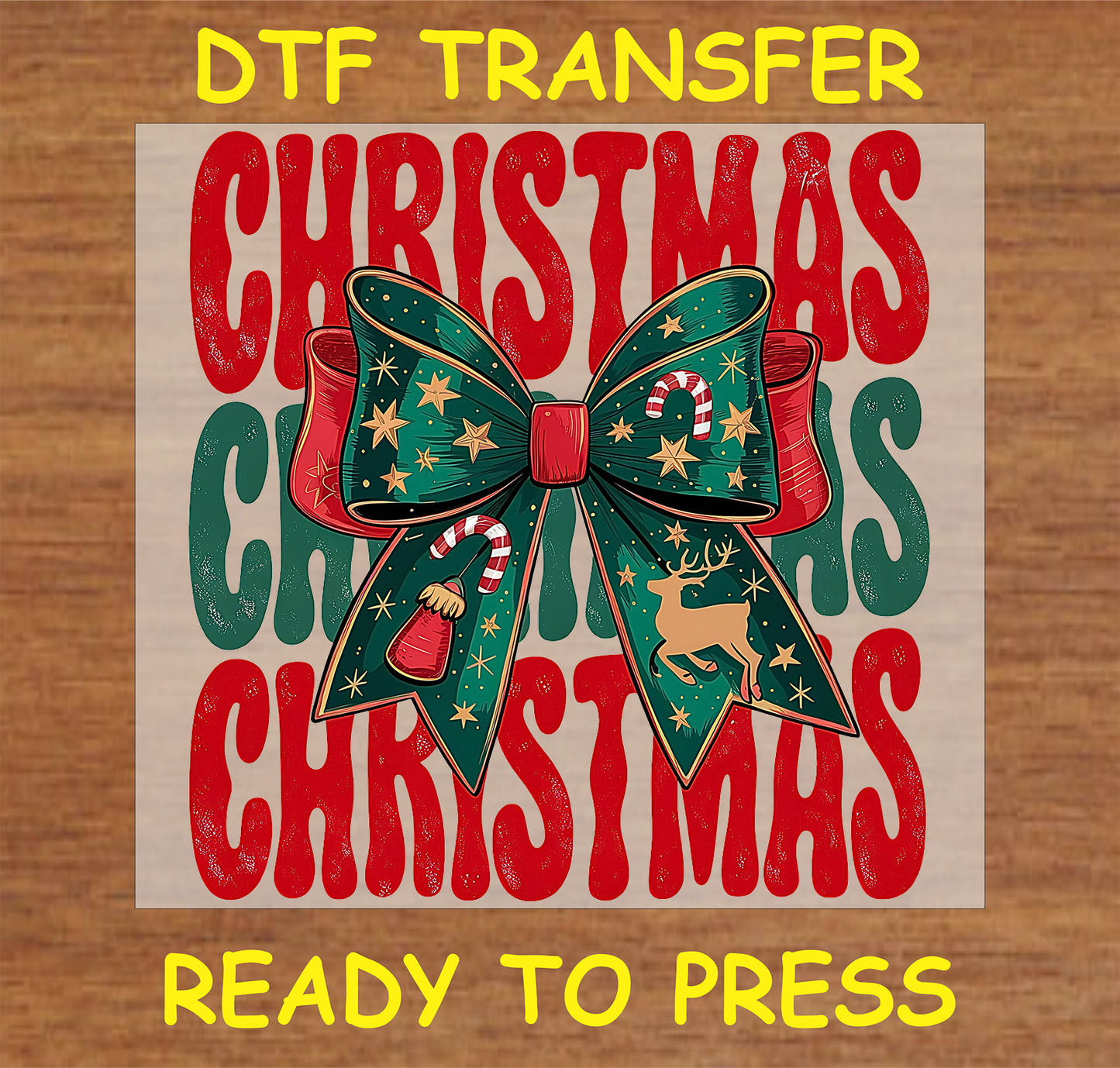 "CHRISTMAS DTF Transfer featuring a festive bow design with holiday elements"