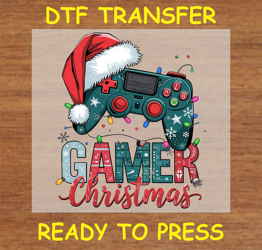 "GAMER CHRISTMAS DTF Transfer featuring a gaming controller with a Santa hat"