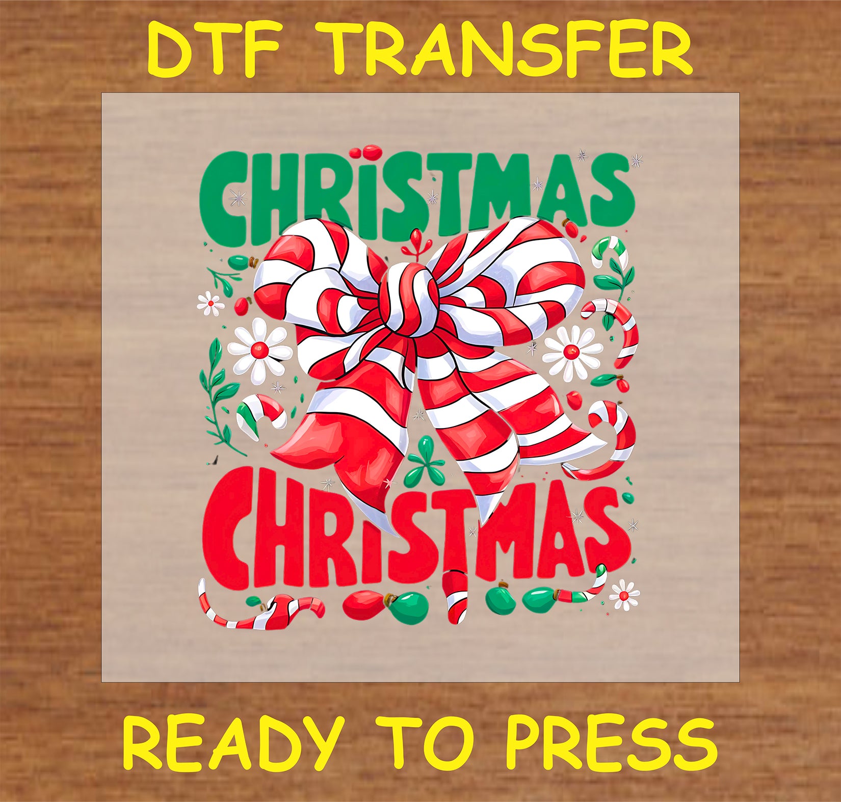 "Christmas DTF Transfer featuring a vibrant bow and holiday decorations"